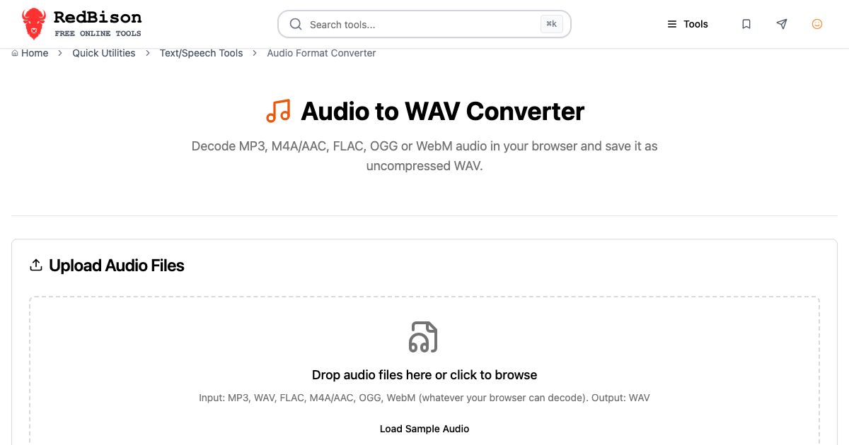 Screenshot of RedBison's Audio to WAV Converter running in the browser