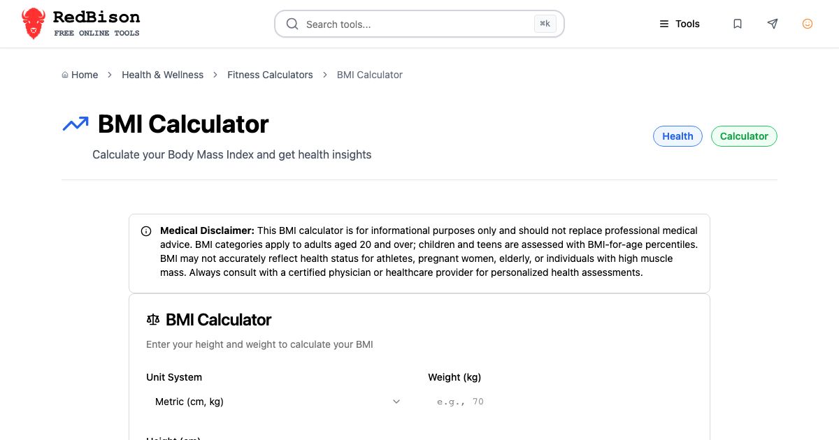 Screenshot of RedBison's BMI Calculator running in the browser