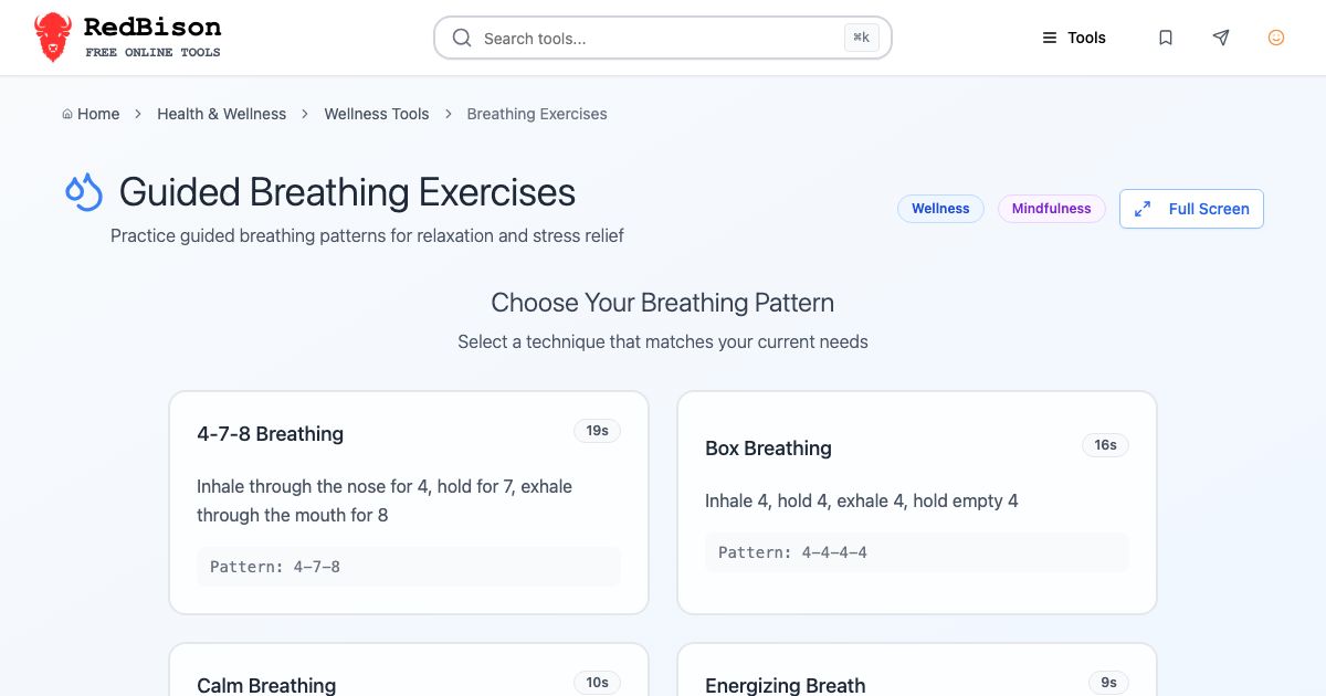 Screenshot of RedBison's Guided Breathing Exercises running in the browser