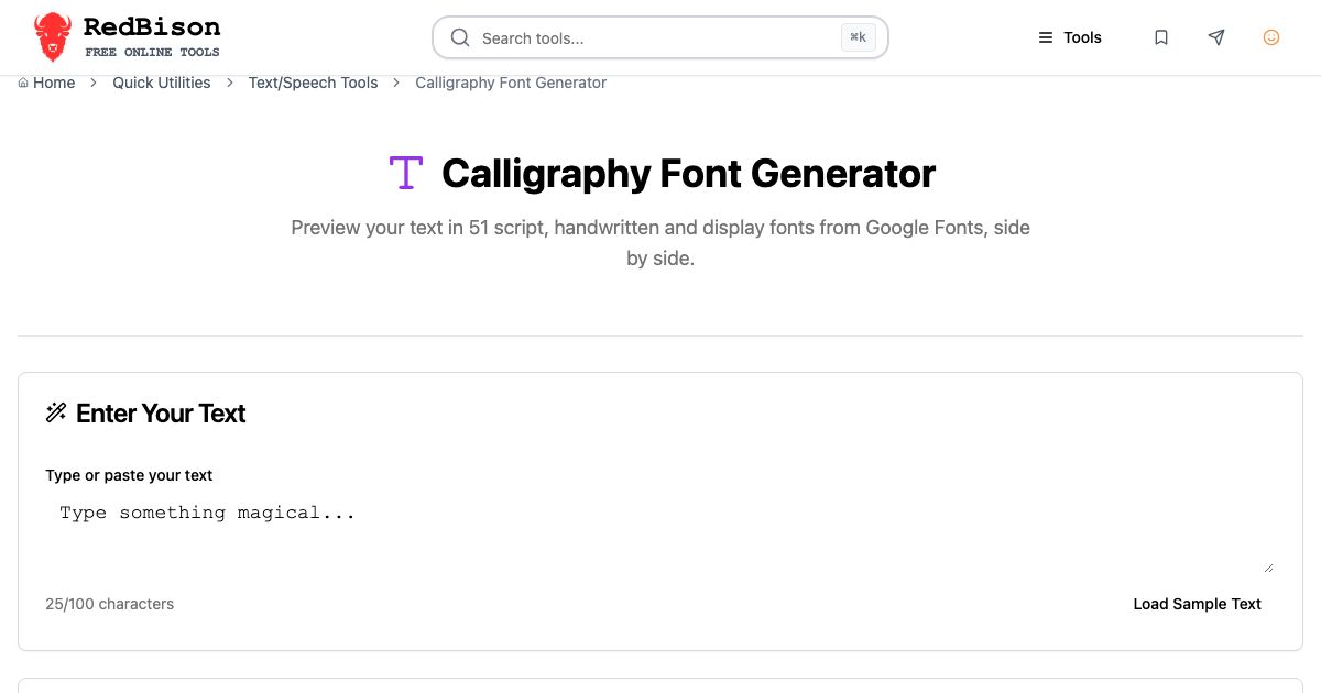 Screenshot of RedBison's Calligraphy Font Generator running in the browser
