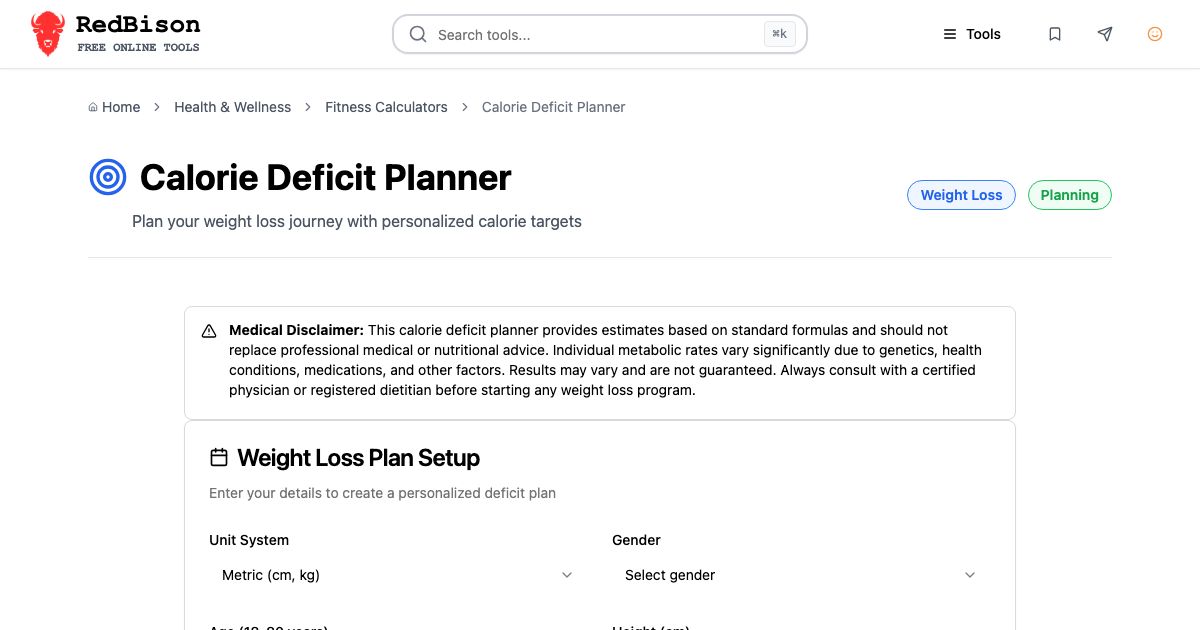 Screenshot of RedBison's Calorie Deficit Planner running in the browser