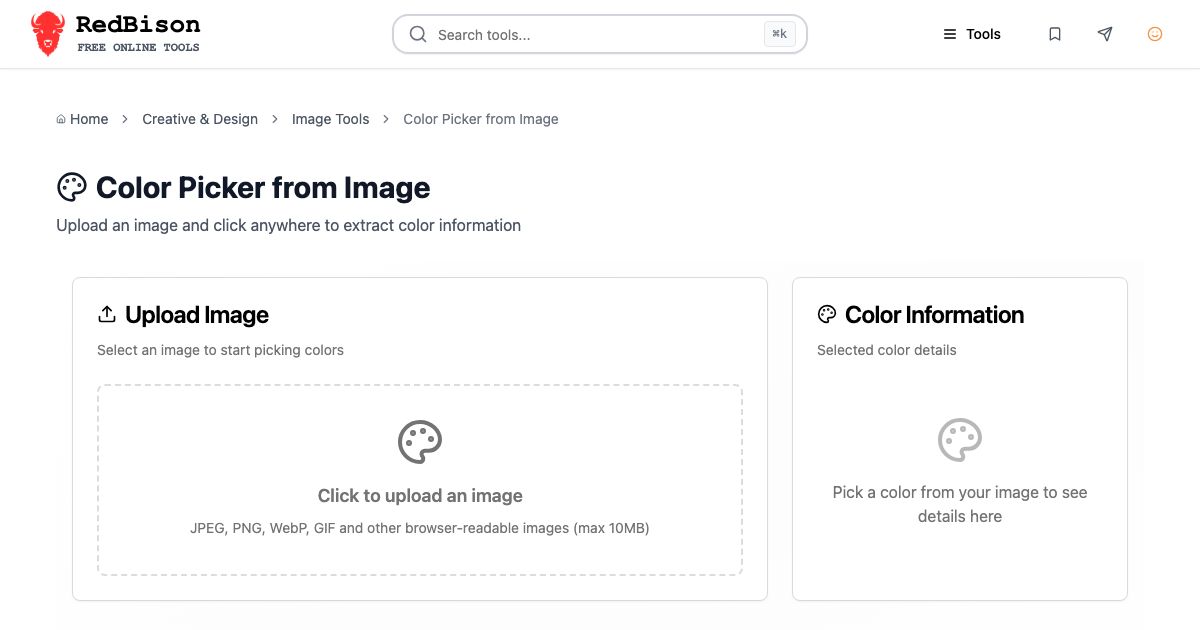 Screenshot of RedBison's Color Picker from Image running in the browser