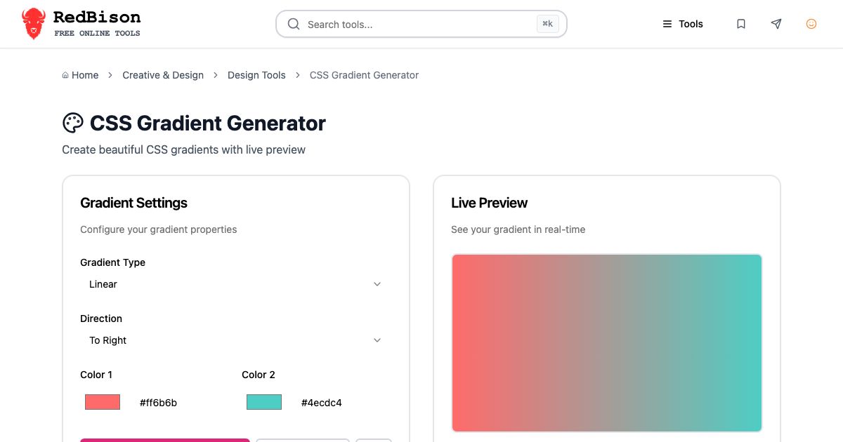 Screenshot of RedBison's CSS Gradient Generator running in the browser