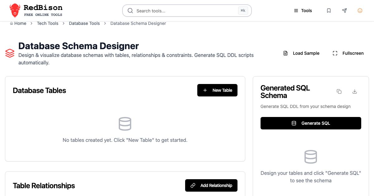Screenshot of RedBison's Database Schema Designer running in the browser