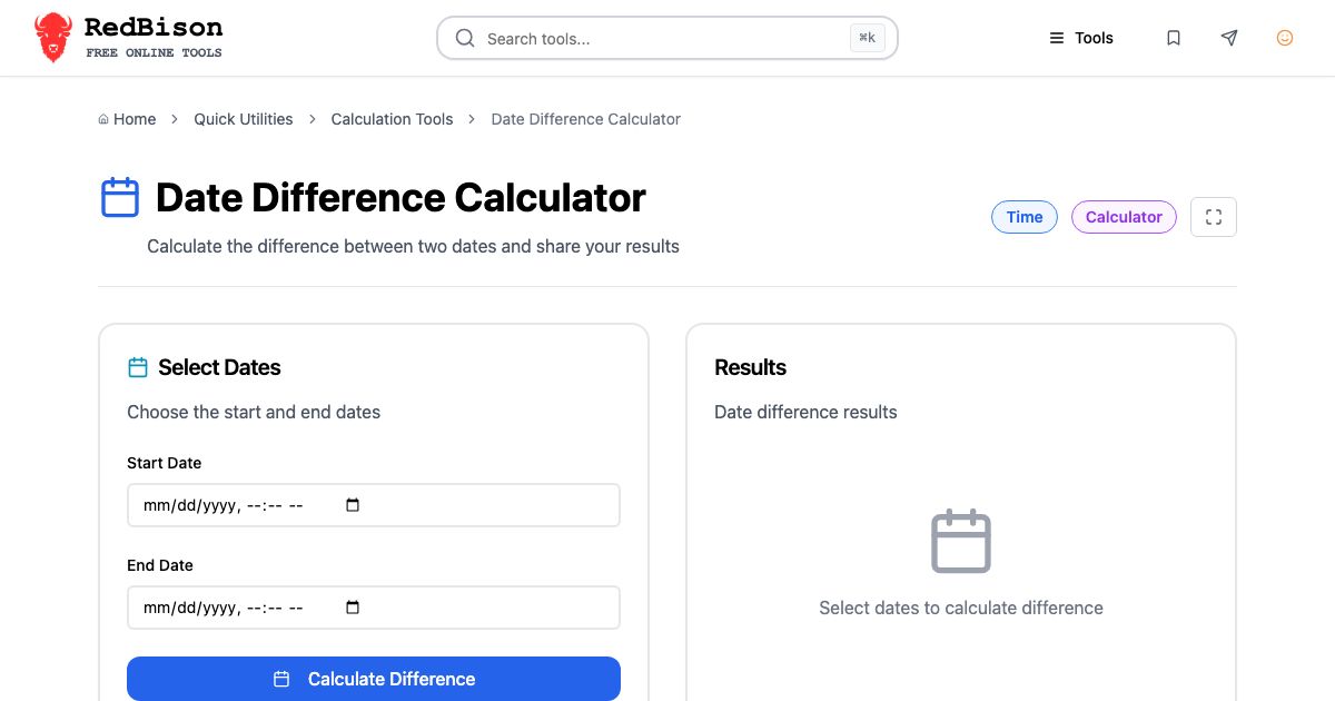 Screenshot of RedBison's Date Difference Calculator running in the browser