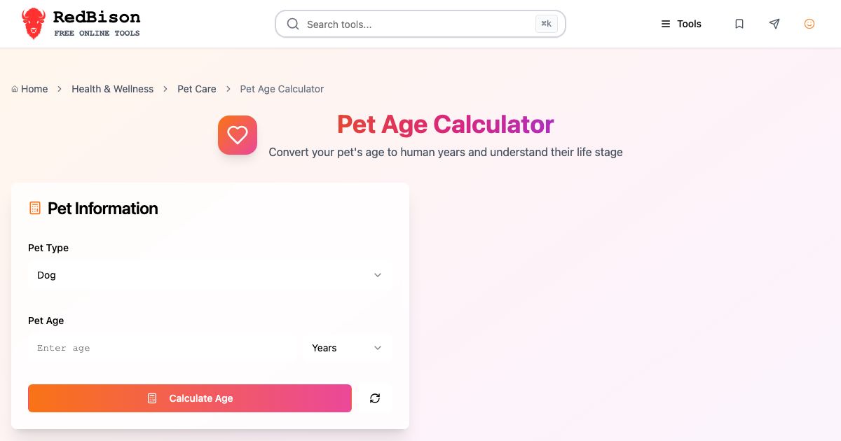 Screenshot of RedBison's Pet Age Calculator running in the browser
