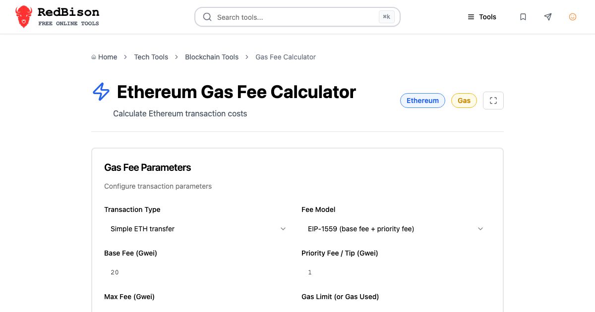 Screenshot of RedBison's Ethereum Gas Fee Calculator running in the browser