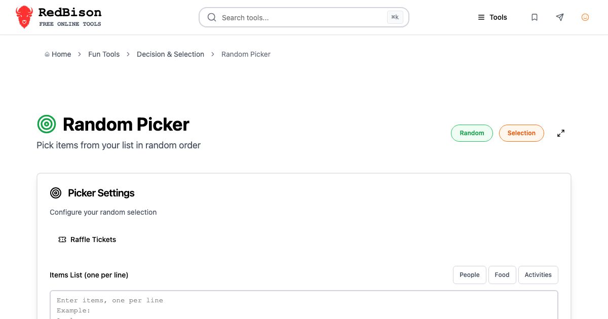 Screenshot of RedBison's Random Picker running in the browser
