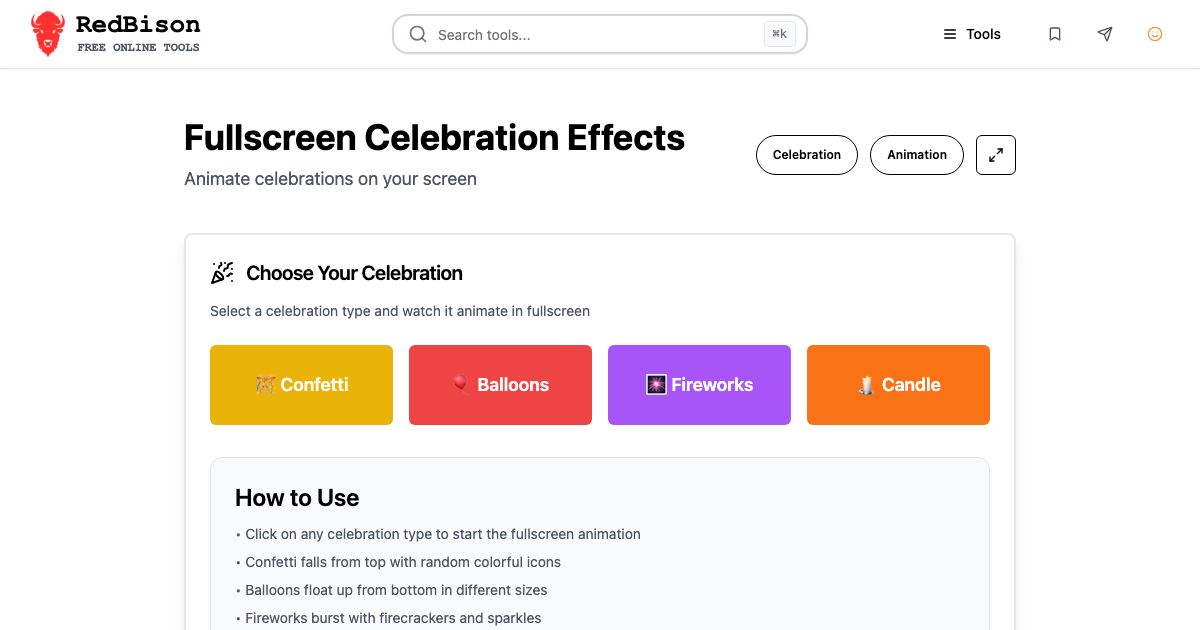 Screenshot of RedBison's Fullscreen Celebration Effects running in the browser