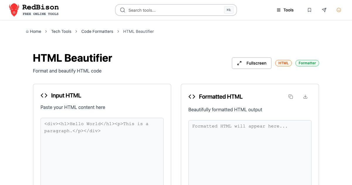 Screenshot of RedBison's HTML Beautifier running in the browser