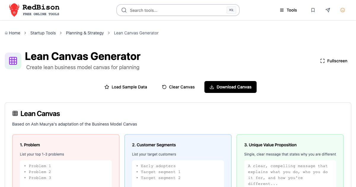 Screenshot of RedBison's Lean Canvas Generator running in the browser