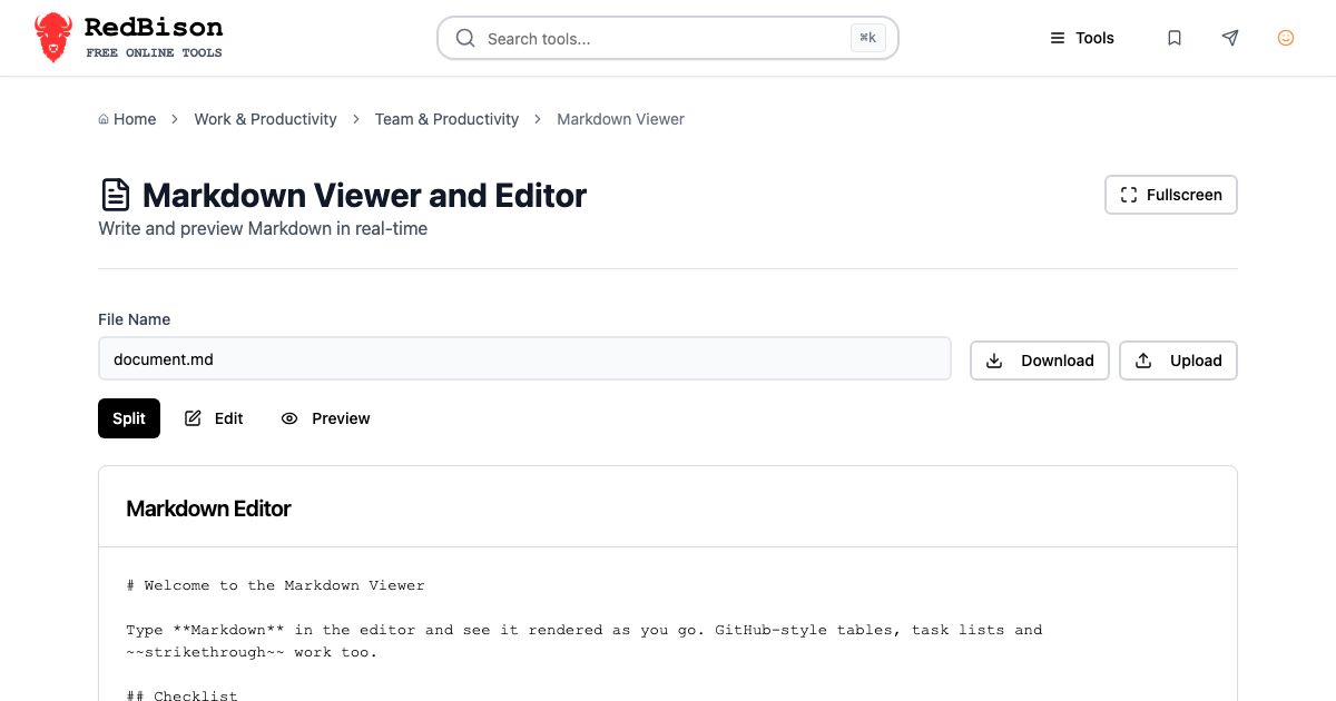 Screenshot of RedBison's Markdown Viewer and Editor running in the browser