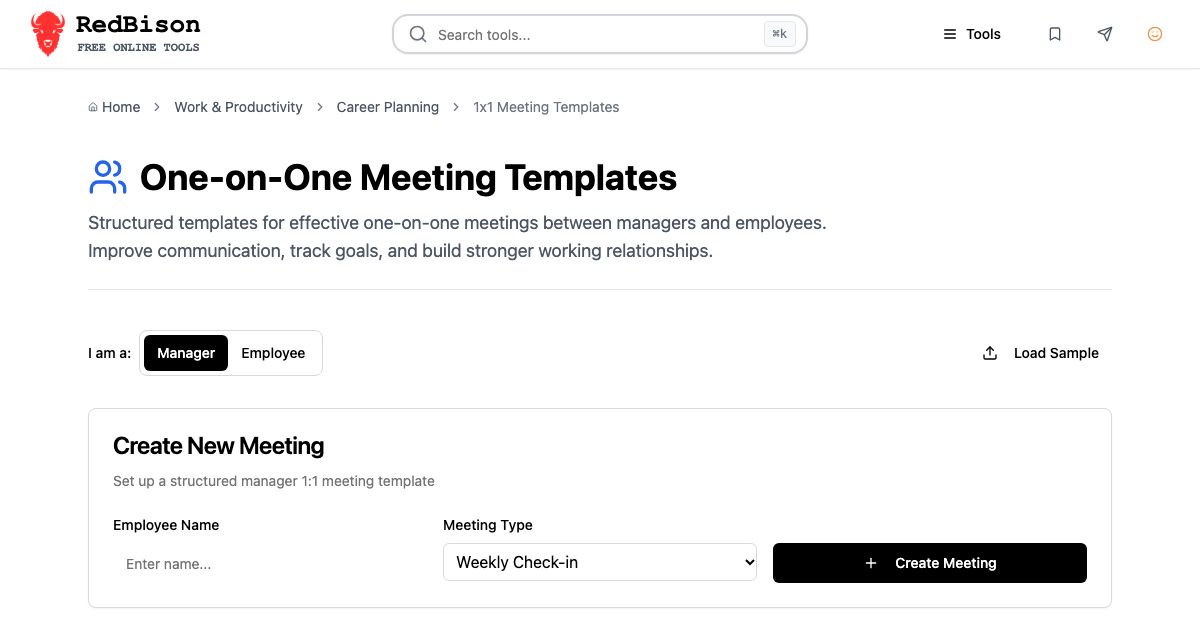 Screenshot of RedBison's One-on-One Meeting Templates running in the browser