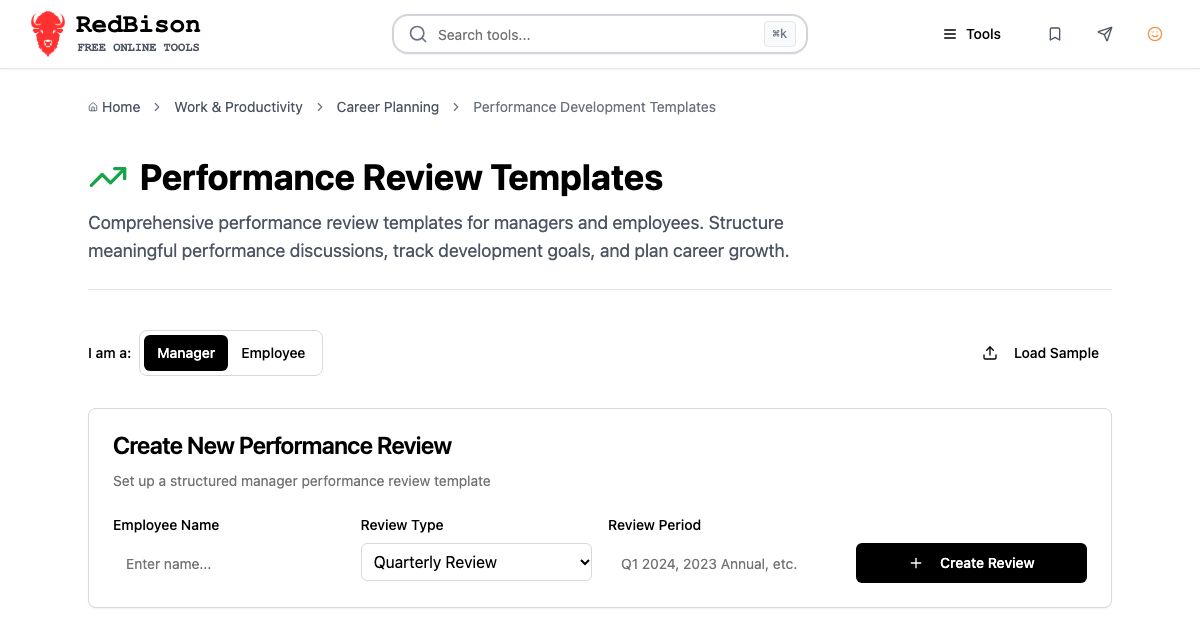 Screenshot of RedBison's Performance Review Templates running in the browser