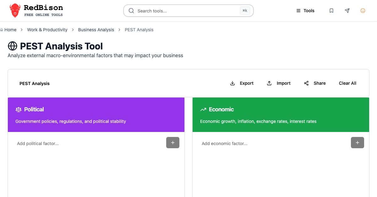 Screenshot of RedBison's PEST Analysis Tool running in the browser