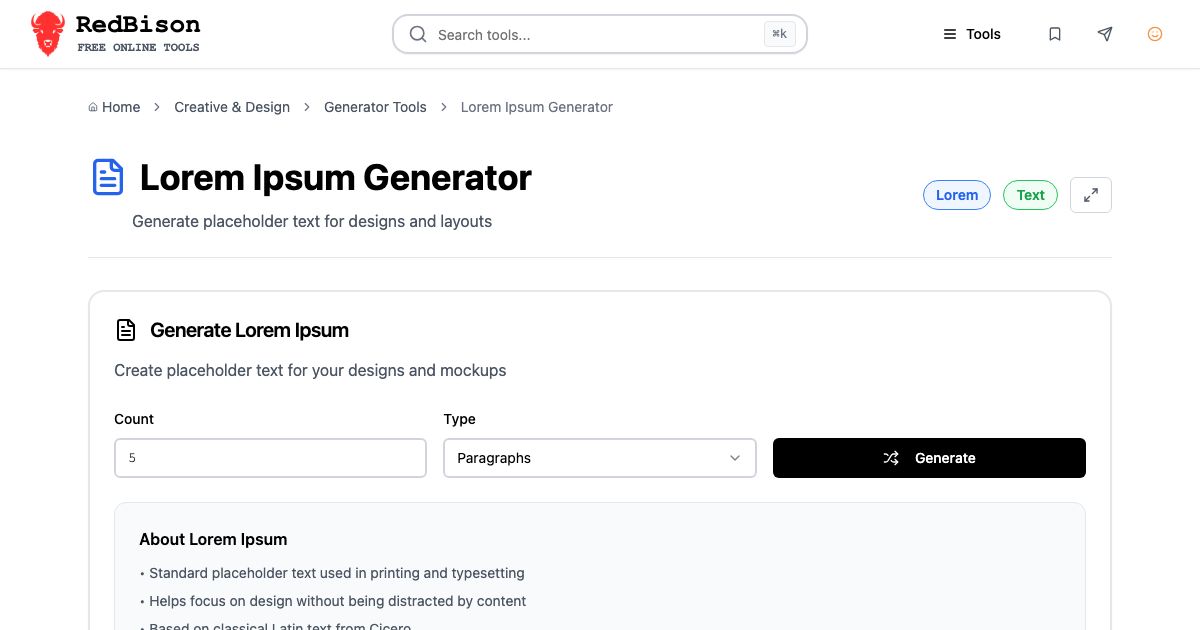 Screenshot of RedBison's Lorem Ipsum Generator running in the browser
