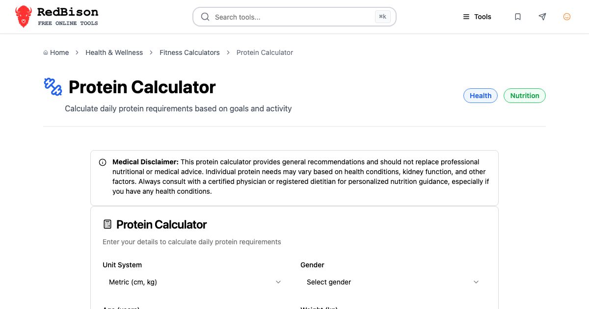 Screenshot of RedBison's Protein Calculator running in the browser