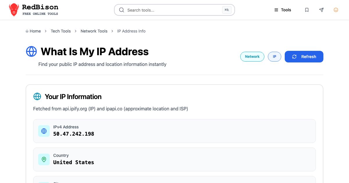Screenshot of RedBison's What Is My IP Address running in the browser