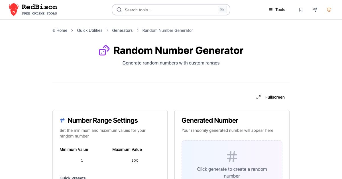 Screenshot of RedBison's Random Number Generator running in the browser