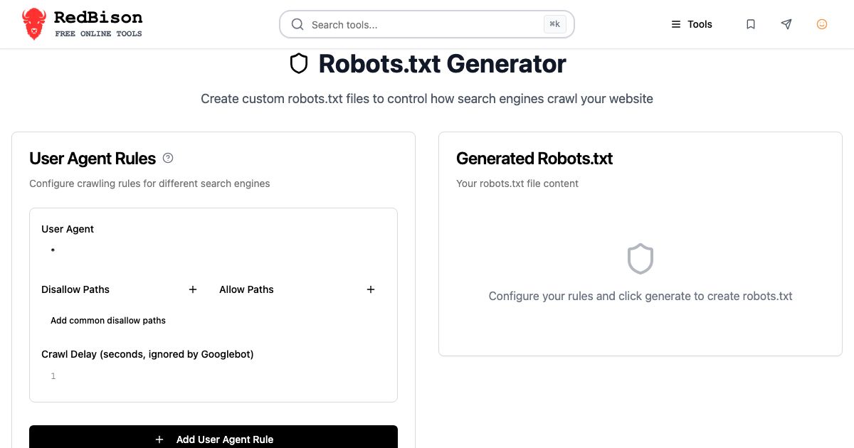 Screenshot of RedBison's Robots.txt Generator running in the browser