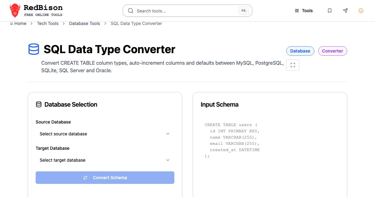 Screenshot of RedBison's SQL Data Type Converter running in the browser