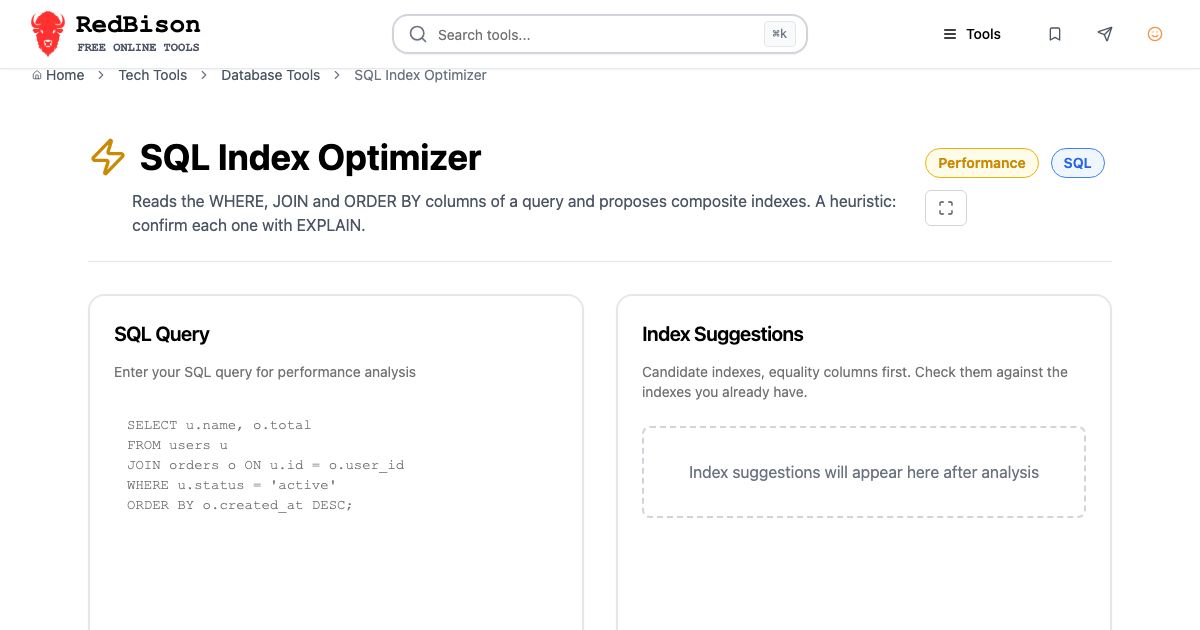 Screenshot of RedBison's SQL Index Optimizer running in the browser