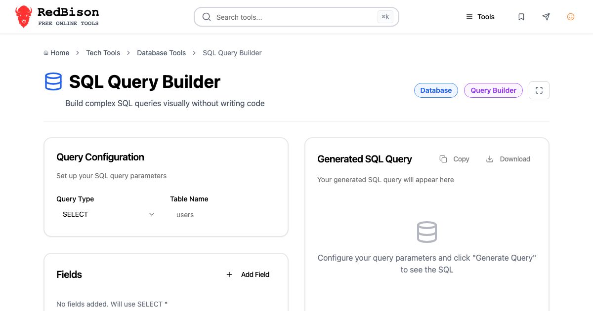 Screenshot of RedBison's SQL Query Builder running in the browser