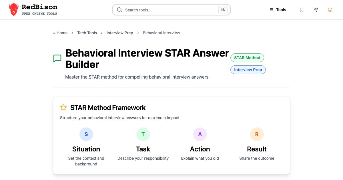 Screenshot of RedBison's Behavioral Interview STAR Answer Builder running in the browser