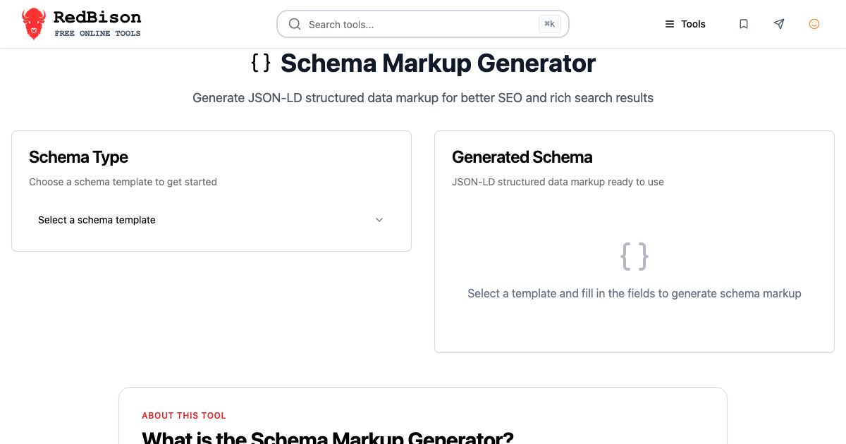 Screenshot of RedBison's Schema Markup Generator running in the browser