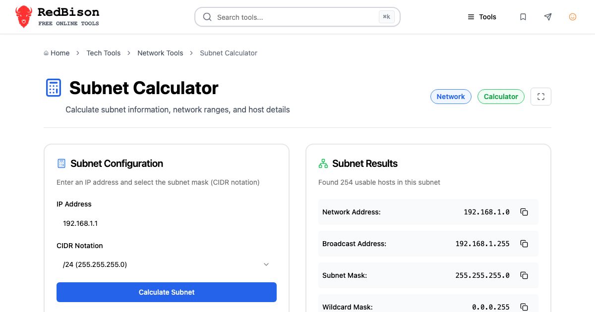 Screenshot of RedBison's Subnet Calculator running in the browser