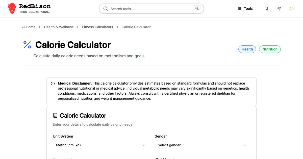 Screenshot of RedBison's Calorie Calculator running in the browser