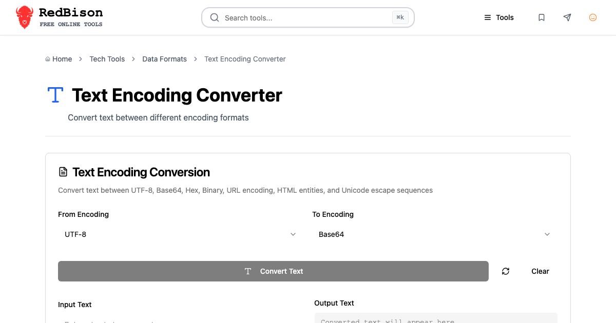 Screenshot of RedBison's Text Encoding Converter running in the browser