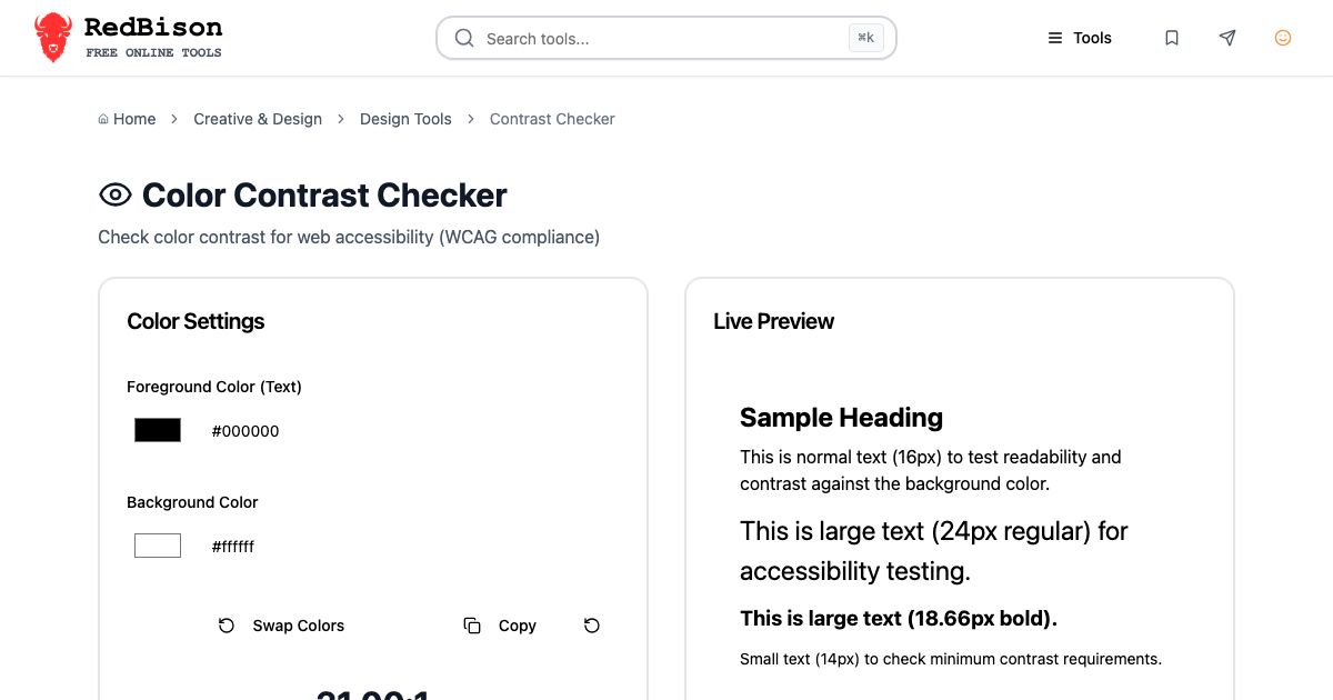 Screenshot of RedBison's Color Contrast Checker running in the browser